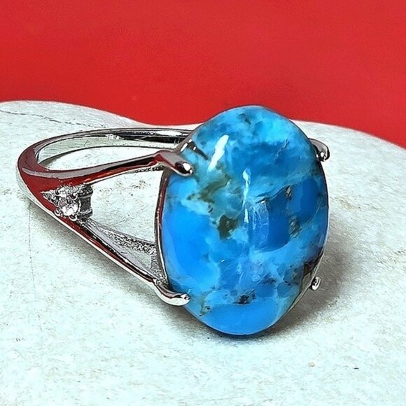 925 Sterling Silver Ring SZ 7 with Natural 12x15mm Turquoise Gemstone & CZ - Picture 12 of 12